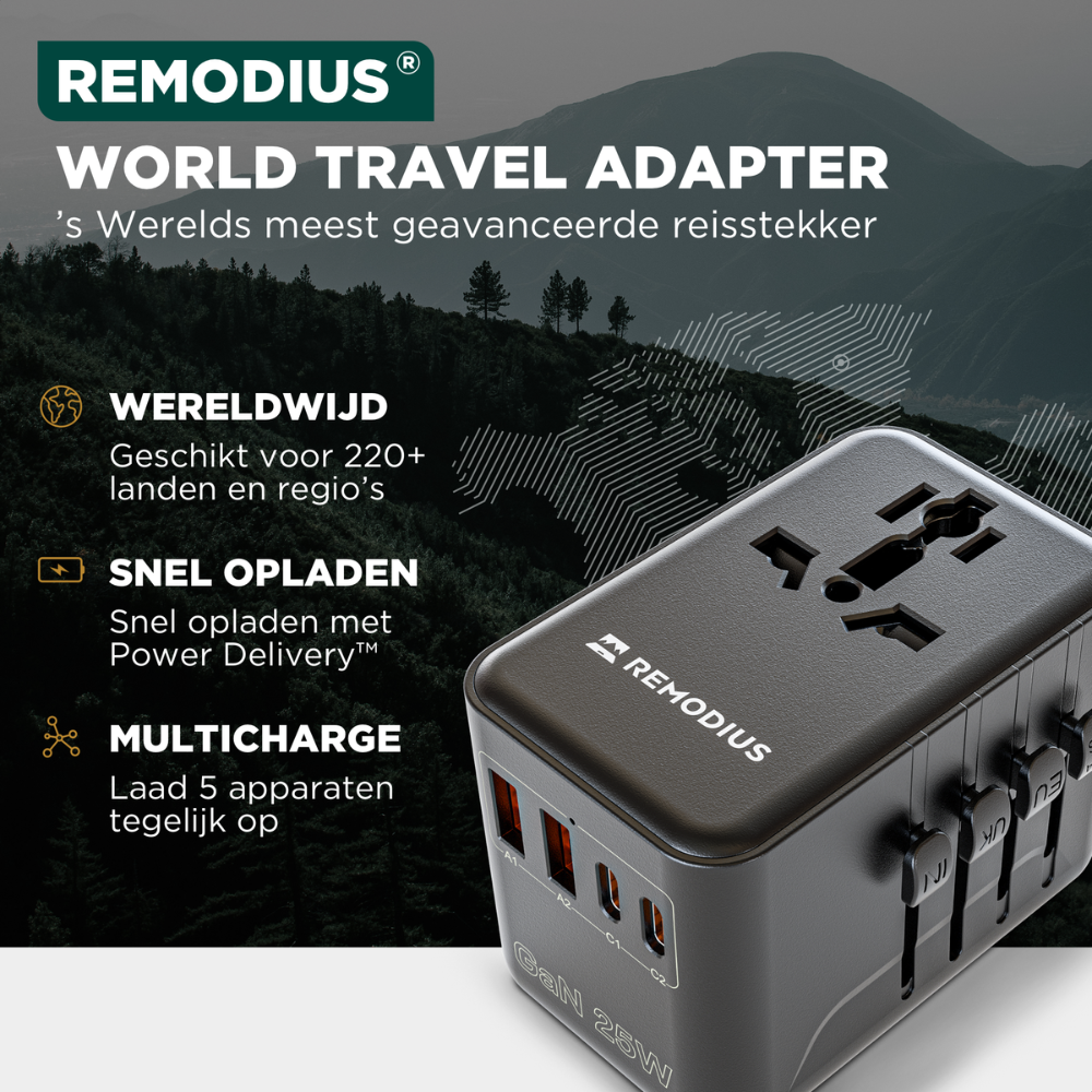 Wereldstekker incl. 2x oplaadkabel Remodius