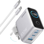 Anker Oplader, 100W Max USB C Oplader, 3-Poorts GaN Wandadapter met Slim Display en Touchbediening, Voor MacBook, iPad, iPhone 16/15 Serie & Meer (Inclusief USB-C Kabel)