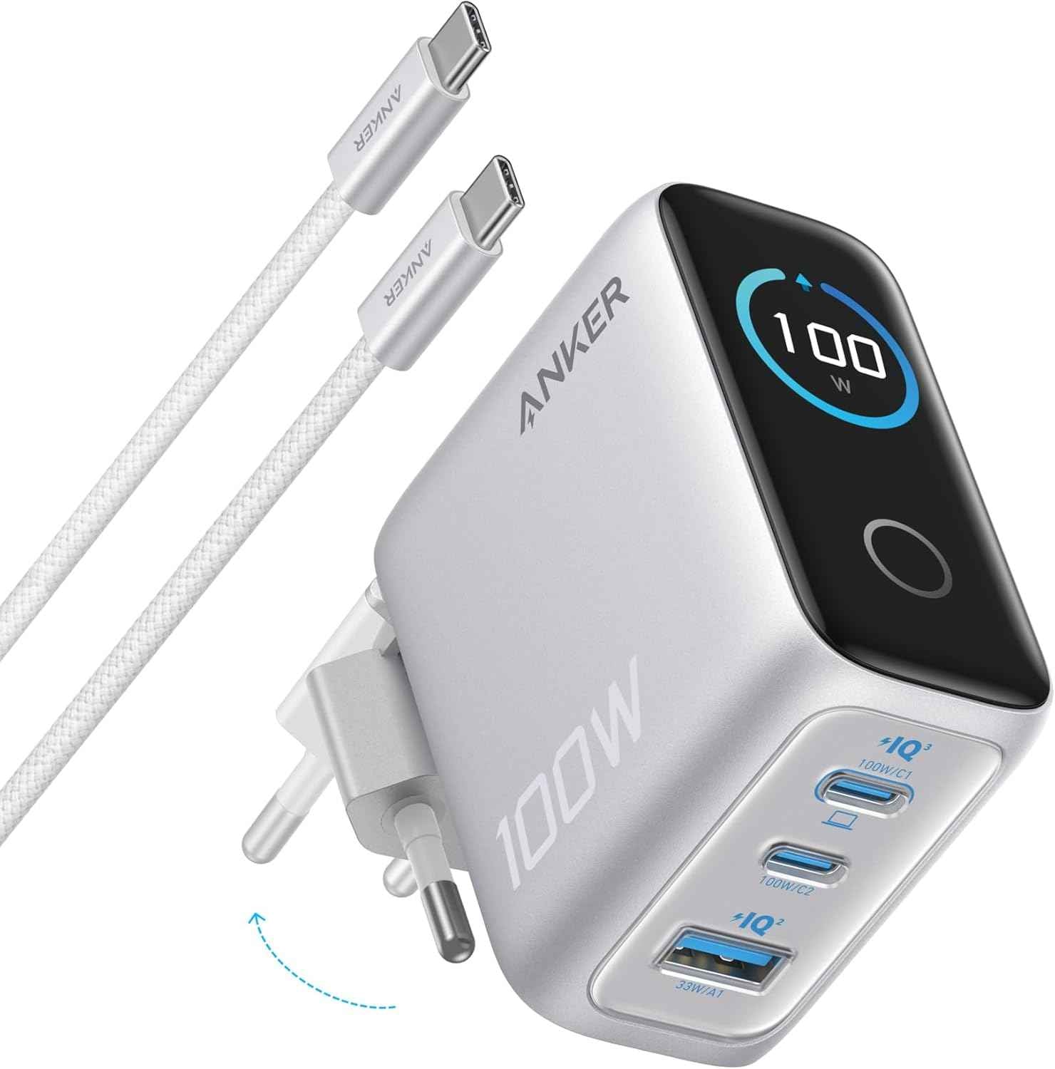 Anker Oplader, 100W Max USB C Oplader, 3-Poorts GaN Wandadapter met Slim Display en Touchbediening, Voor MacBook, iPad, iPhone 16/15 Serie & Meer (Inclusief USB-C Kabel)