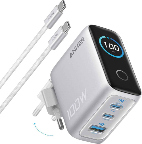 Anker Oplader, 100W Max USB C Oplader, 3-Poorts GaN Wandadapter met Slim Display en Touchbediening, Voor MacBook, iPad, iPhone 16/15 Serie & Meer (Inclusief USB-C Kabel)