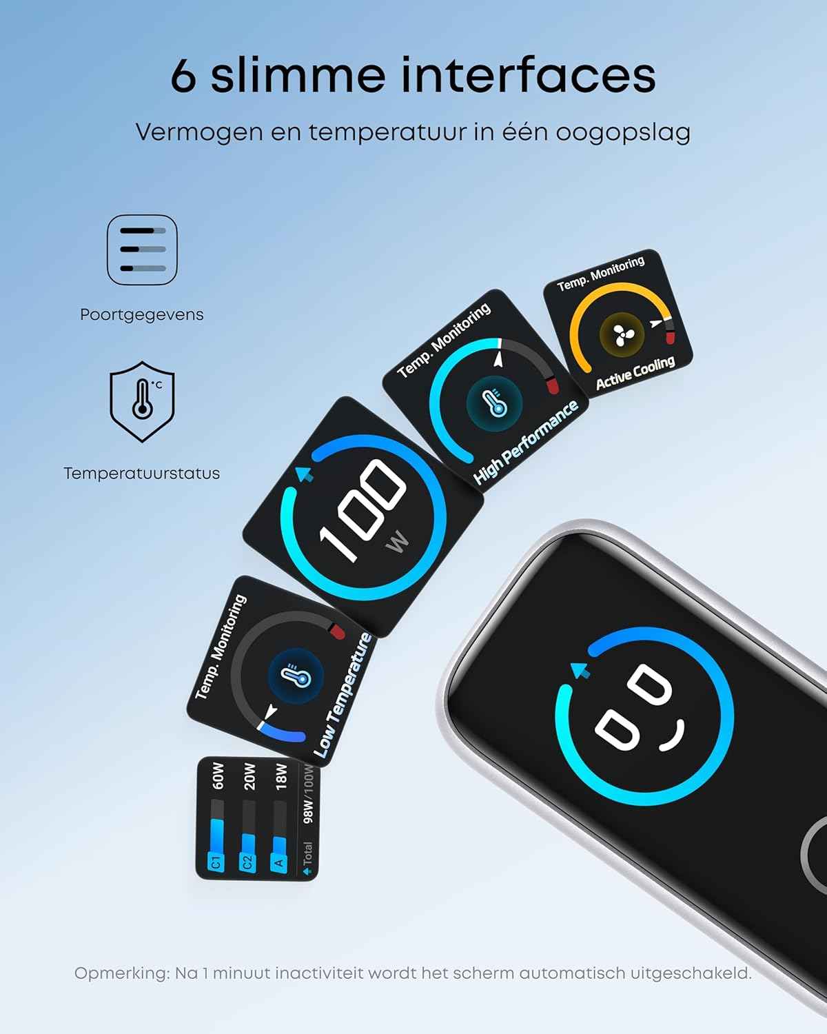 Anker Oplader, 100W Max USB C Oplader, 3-Poorts GaN Wandadapter met Slim Display en Touchbediening, Voor MacBook, iPad, iPhone 16/15 Serie & Meer (Inclusief USB-C Kabel)