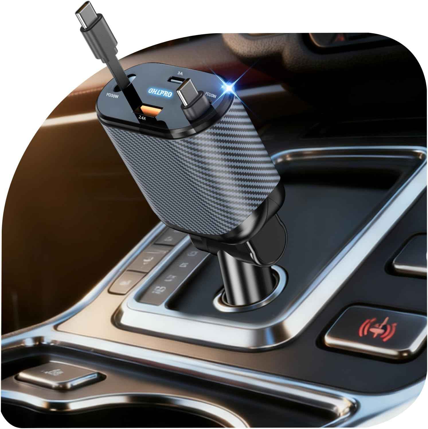 OHLPRO 4 in1 intrekbare autolader, snellader voor autotelefoon, dubbele USB-poort Type-c intrekbare kabel, sigarettenaansteker adapter voor iPhone 15 Promax, ipad, Galaxy, Google Pixel