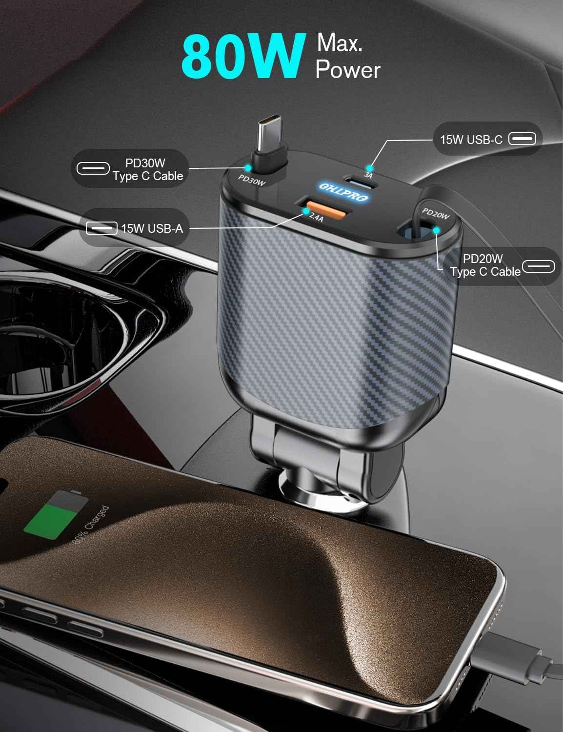 OHLPRO 4 in1 intrekbare autolader, snellader voor autotelefoon, dubbele USB-poort Type-c intrekbare kabel, sigarettenaansteker adapter voor iPhone 15 Promax, ipad, Galaxy, Google Pixel