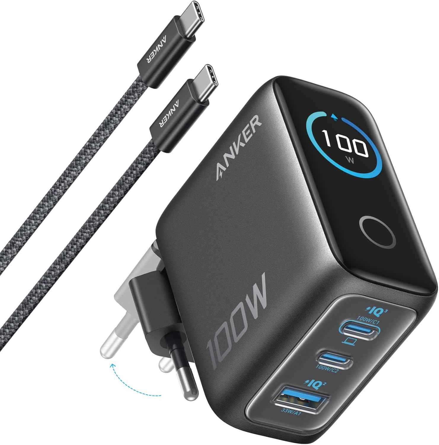 Anker Oplader, 100W Max USB C Oplader, 3-Poorts GaN Wandadapter met Slim Display en Touchbediening, Voor MacBook, iPad, iPhone 16/15 Serie & Meer (Inclusief USB-C Kabel)