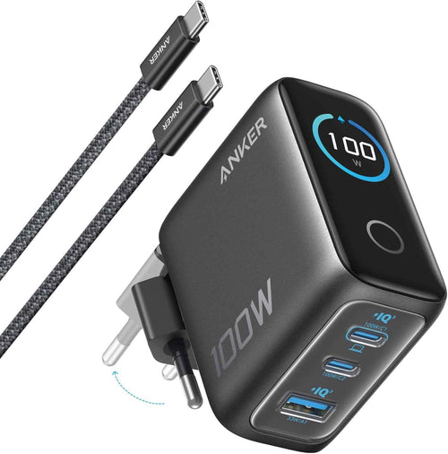 Anker Oplader, 100W Max USB C Oplader, 3-Poorts GaN Wandadapter met Slim Display en Touchbediening, Voor MacBook, iPad, iPhone 16/15 Serie & Meer (Inclusief USB-C Kabel)