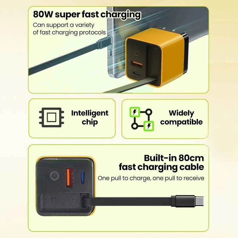 80W Super Fast Charge Type C USB Phone Charger With Telescopic USB C Cable For Iphone 16 15 Samsung Laptop With Light