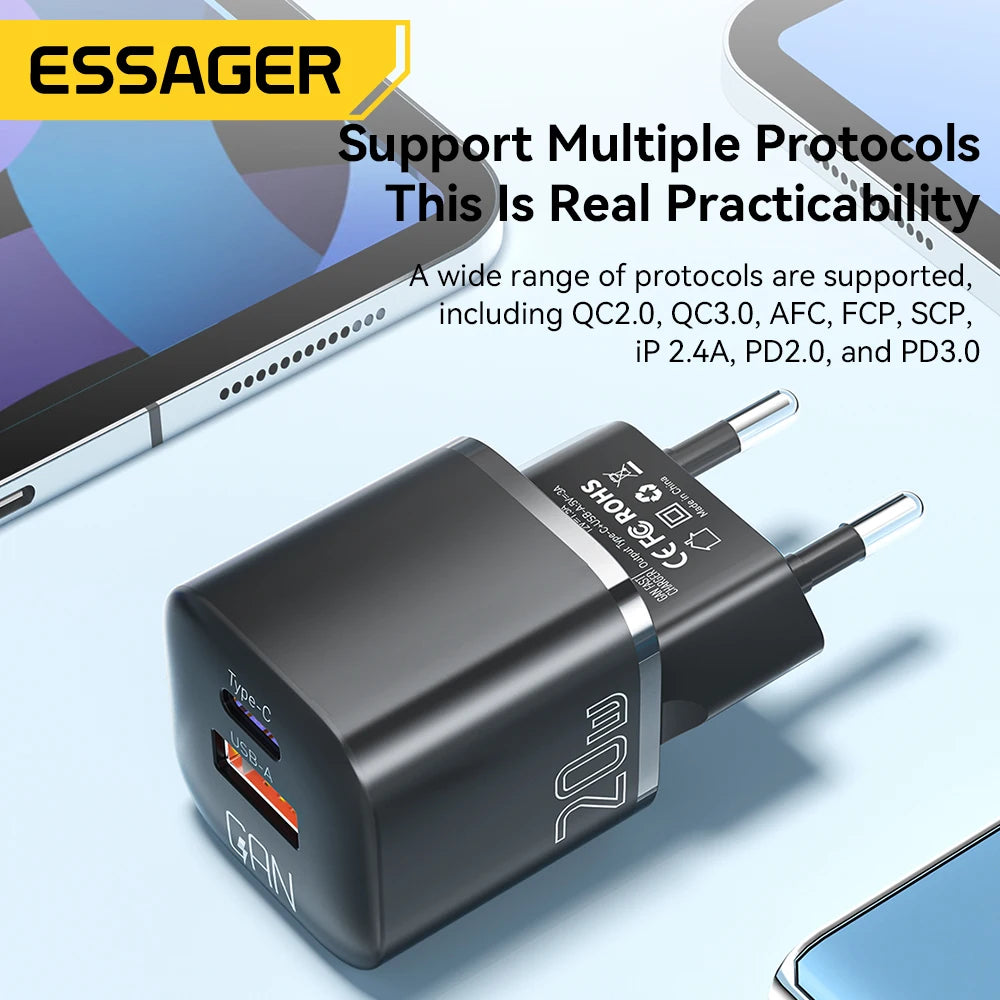 Essager 20W GaN USB Type C Charger PD Fast Charge Phone QC 3.0 Quick Chargers For iPhone 14 13 12 11 Pro Max Mini iPad Charging ESSAGER Official Store