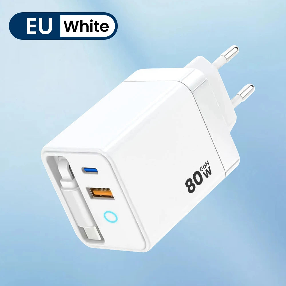 80W Super Fast Charge Type C USB Phone Charger With Telescopic USB C Cable For Iphone 16 15 Samsung Laptop With Light Toocki Brand Global Store